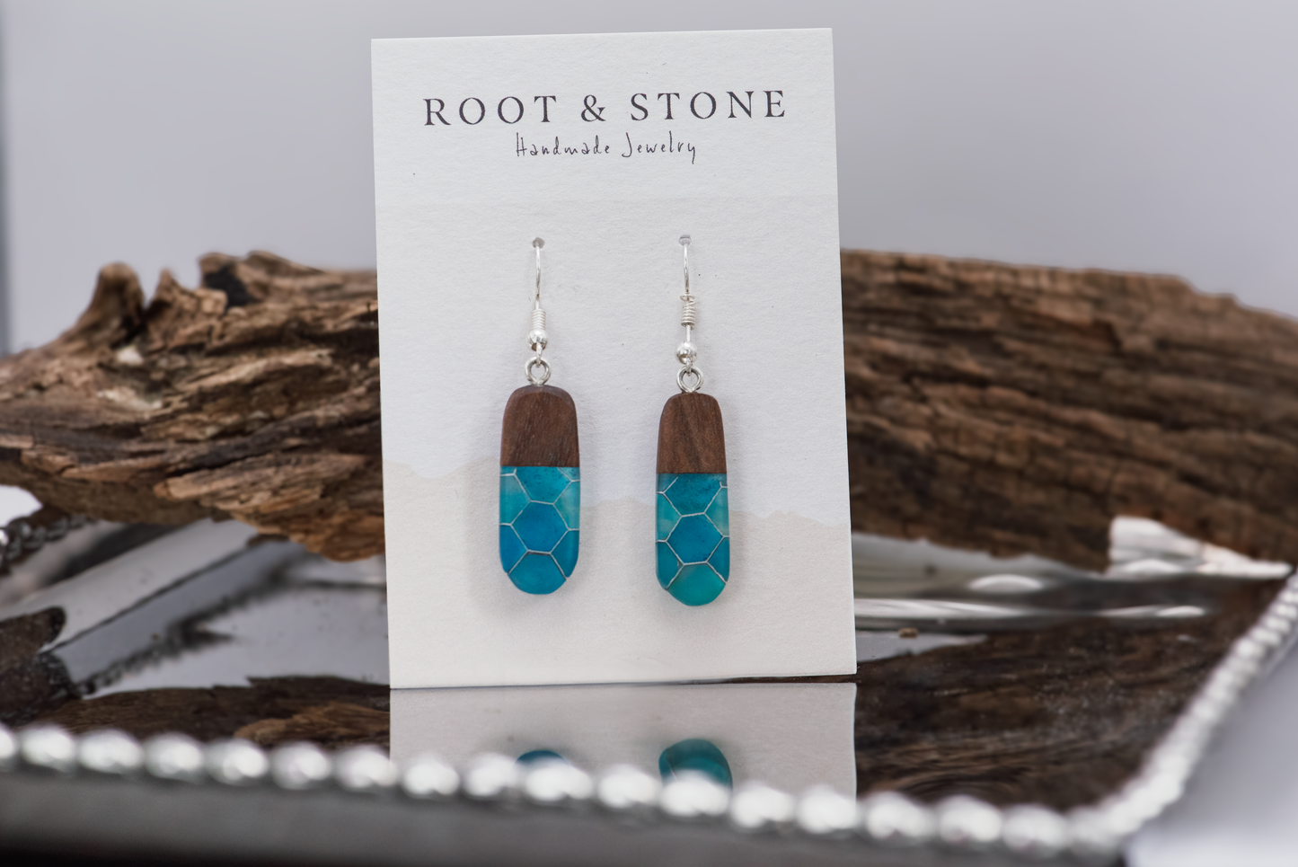 Walnut Wood and Aluminum Honeycomb with Blue Resin Earrings