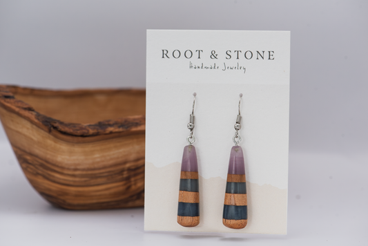 Cherry Wood Teardrop Earrings with Blue and Purple Resin Stripes